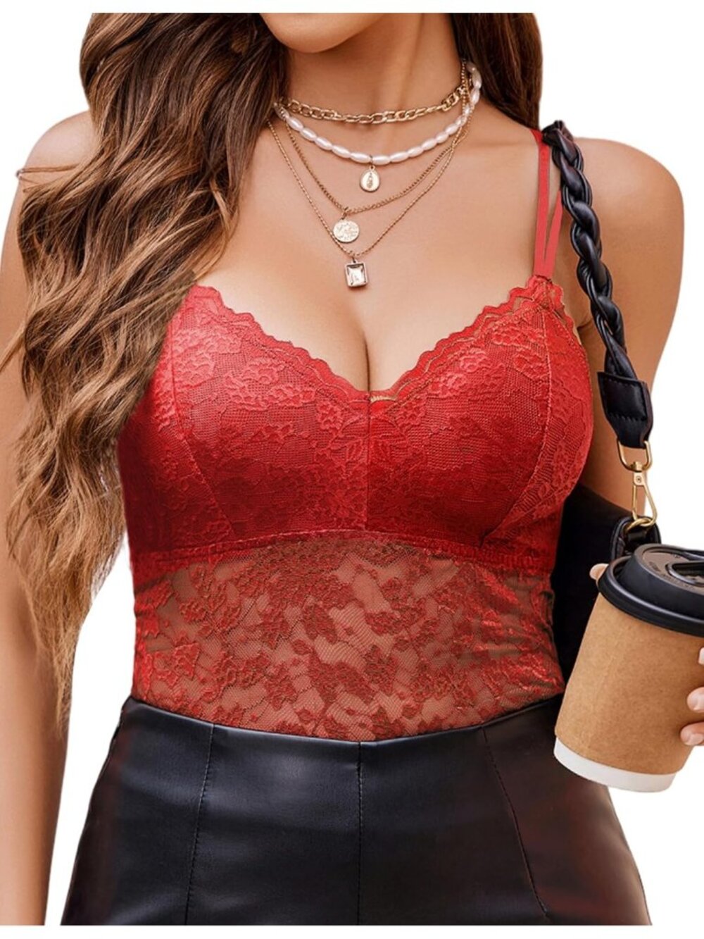 Women's Red Lace V Neck Camisole Bralette Lingerie Spaghetti Strap Corset Top